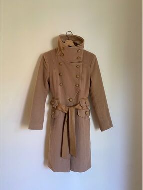Mackage Wool Cashmere Military Coat M Beige Leather Trim Made in Canada